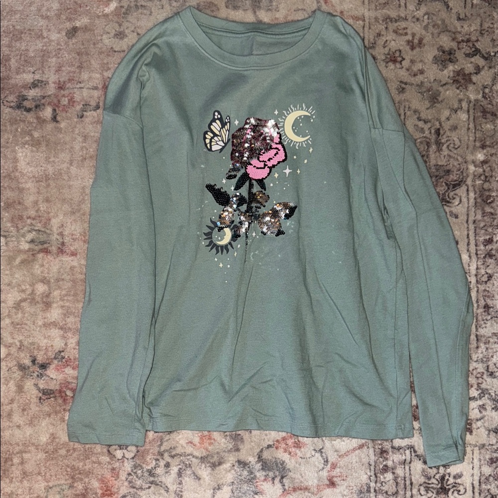 Wonder Nation Green Long Sleeve Tee with Butterfly and Floral Design